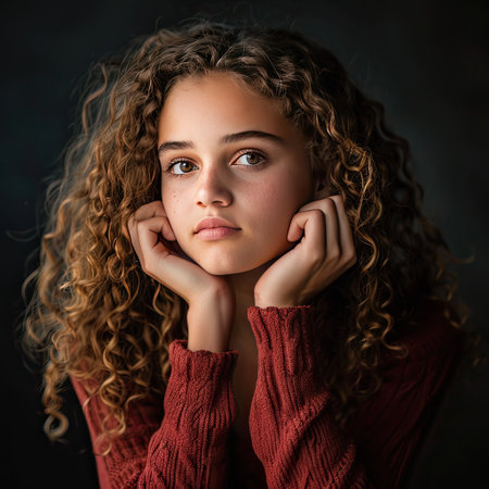 Teenage girl with curly hair looking contemplative in a professional studio portraitの素材