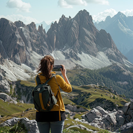 Traveler woman taking a selfie with a breathtaking mountain backdropの素材