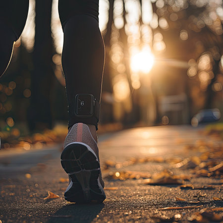 Wearable health tech: Person jogging with a fitness tracker monitoring heart rate and activity levelsの素材