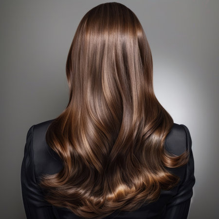 Woman showcasing her shiny, well-maintained hair from the back in a professional studioの素材