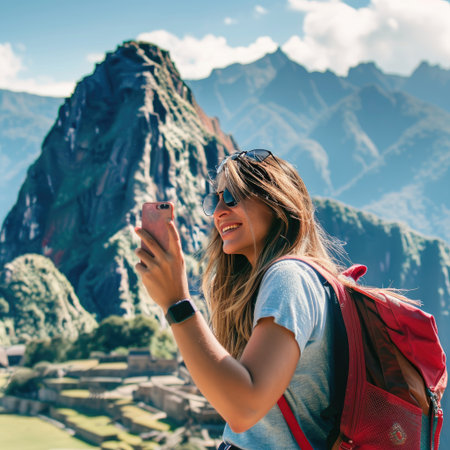 Traveler woman taking a selfie with a breathtaking mountain backdropの素材