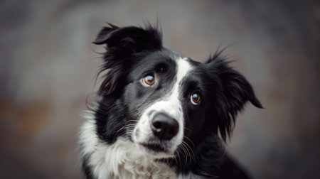 Border collie dog sitting and tilting its head, looking at the camera with a cute, inquisitive faceの素材