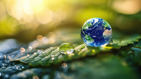 Conceptual image of a water drop on a leaf, earth in the background for climate awarenessの素材