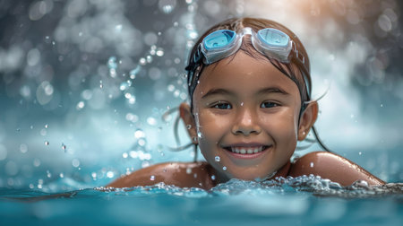 Cute 8-year-old girl, smiling and splashing in a pool, wearing swim gogglesの素材