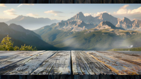 Clear tabletop for creative expression, distant mountain landscape subtly blurredの素材