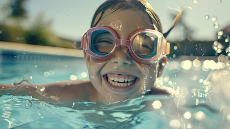 Cute 8-year-old girl, smiling and splashing in a pool, wearing swim gogglesの素材