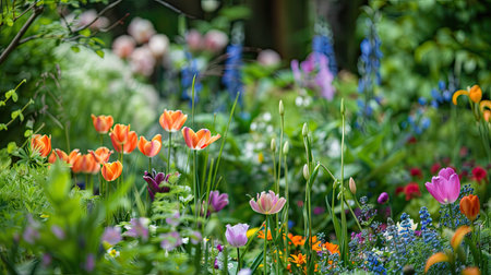 Garden filled with blooming spring flowers, green foliage backgroundの素材