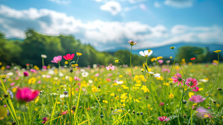 Flower field in spring, vibrant petals and green landscapeの素材