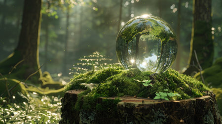 Crystal ball with forest scenery, placed on a lush moss-covered stumpの素材