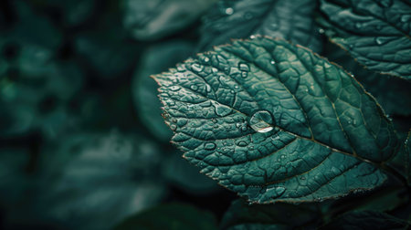 Close-up of a leaf with a water drop, earthy background for sustainability conceptの素材
