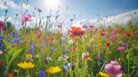 Field of wildflowers in spring, bright petals against a green landscapeの素材