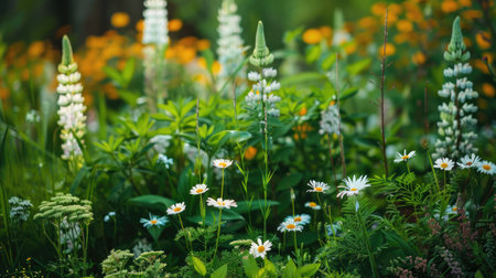 Garden filled with blooming spring flowers, green foliage backgroundの素材