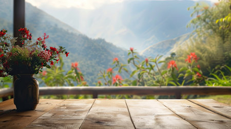 Free space on table for personalized decor, gentle blur of mountain views beyondの素材