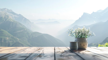 Free space on table for personalized decor, gentle blur of mountain views beyondの素材