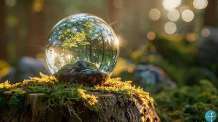 Enchanting crystal ball on mossy stump, capturing the essence of the forestの素材
