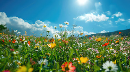 Lush meadow with blooming spring flowers, vibrant colors under a clear blue skyの素材