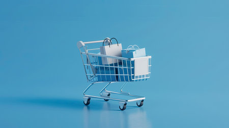 Iconic representation of online shopping technology on a sleek blue backdropの素材