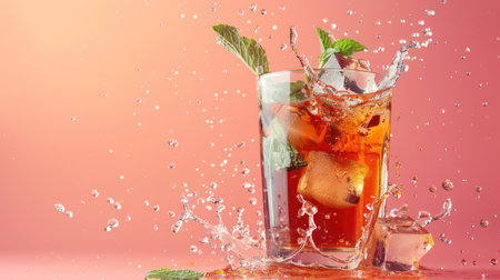 Iced tea with mint, ice cubes splashing out, against a vivid pink backgroundの素材