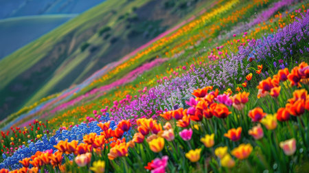 Hillside covered in blooming spring flowers, colorful and vibrantの素材