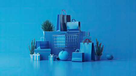 Iconic representation of online shopping technology on a sleek blue backdropの素材