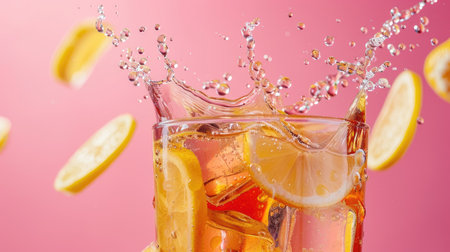 Iced tea with ice cubes and lemon, splash frozen in mid-air, pink backgroundの素材