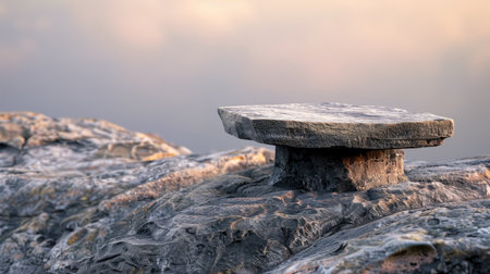 Illustrative stone podium on a rough rock platform, suggesting endurance and resilienceの素材
