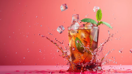 Iced tea with mint, ice cubes splashing out, against a vivid pink backgroundの素材