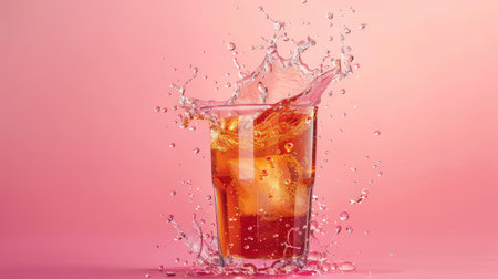 Iced tea splashing out of a glass, droplets frozen in motion on a pink backdropの素材