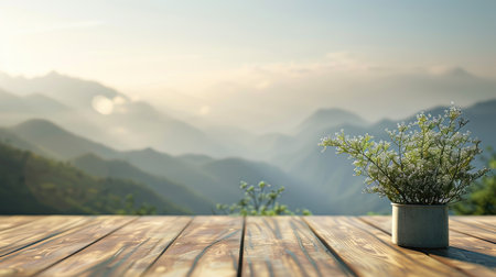 Open area on table for personalized decor, tranquil mountain backdrop in soft blurの素材