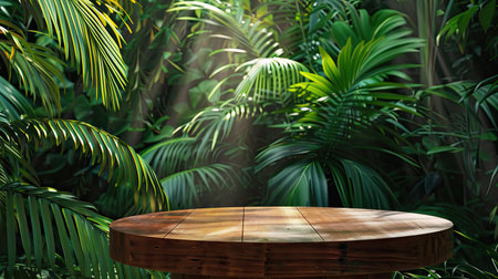 Wood podium top in a tropical garden, showcasing natural beauty with lush green foliageの素材