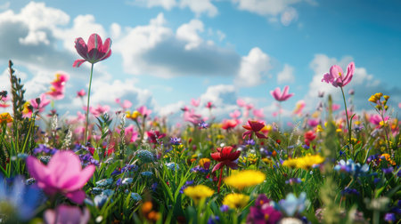 Springtime meadow filled with diverse flowers, under a sunny skyの素材
