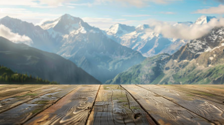 Table background with ample space for decor, blurred mountain landscape in the backdropの素材