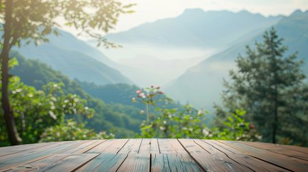 Space on table for personalized decor, serene mountain landscape in gentle blurの素材