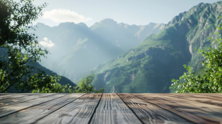 Tabletop space for decoration, serene mountain vista gently blurred for atmosphereの素材