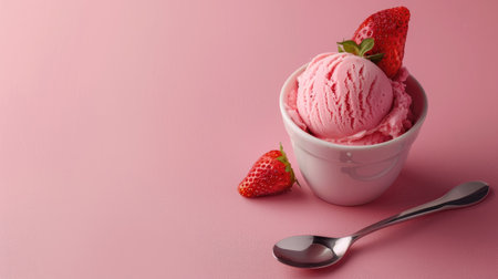 Strawberry frozen yogurt with a spoon, fresh and creamy, pink backgroundの素材