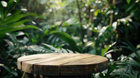 Podium made of wood in a tropical forest, with a blurred background of green leavesの素材