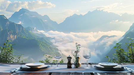 Table setting with open area for customization, serene mountain backdrop in soft focusの素材