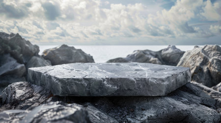 Stone podium displayed on a realistic rocky landscape, suitable for digital exhibitionsの素材