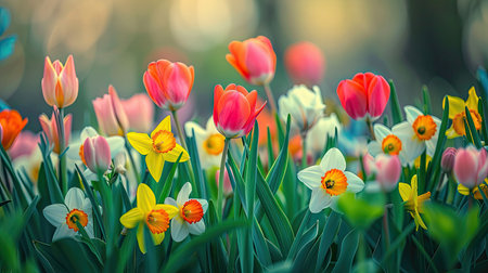 Vibrant tulips and daffodils in spring, colorful nature backgroundの素材