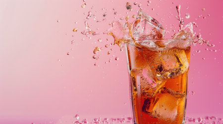 Refreshing iced tea in a glass, ice splashing out against a pink backdropの素材