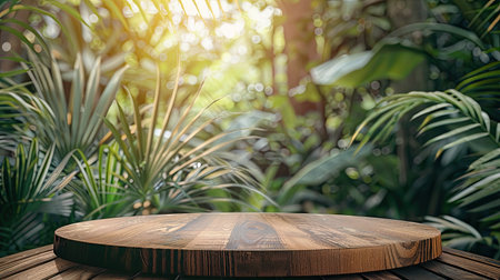 Tabletop podium made of wood in an outdoor tropical forest, with a blurred leafy backdropの素材