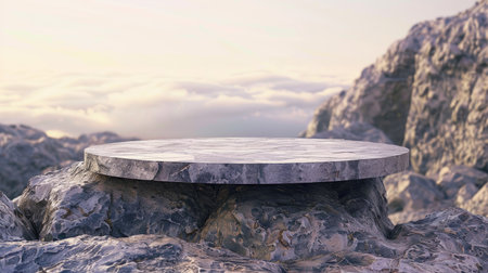 Rendered model of a stone podium on a rocky stage, representing stability and prominenceの素材