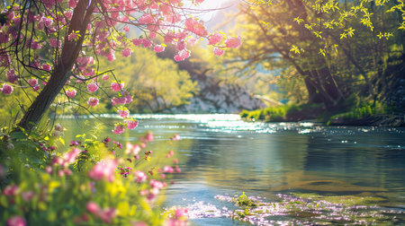 Spring flowers blooming by a serene river, nature backgroundの素材