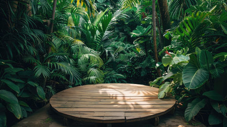 Wood podium table top in a tropical garden, immersed in lush green leafy surroundingsの素材