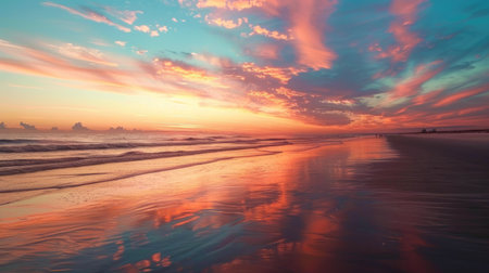 Beach sunrise with a colorful sky filled with clouds, highlighting the beauty of the early morning.の素材