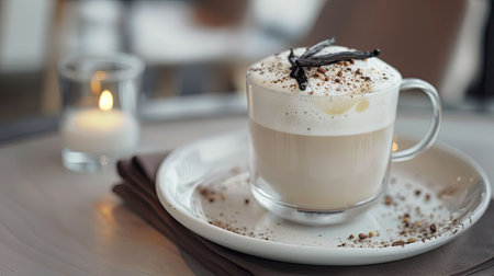 Close-up of a flat white coffee with vanilla bean garnish in a stylish cafe setting, ideal for coffee enthusiasts.の素材