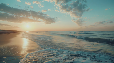 Peaceful beach at dawn with the sun rising and soft clouds in the sky, perfect for capturing a quiet moment.の素材