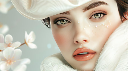 Close-up of a fashionable woman's face with a white beret, highlighting her springtime eleganceの素材