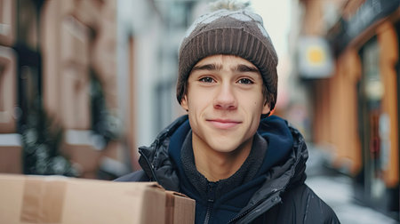 Close-up portrait of a young courier delivery boy holding a box, ready for deliveryの素材