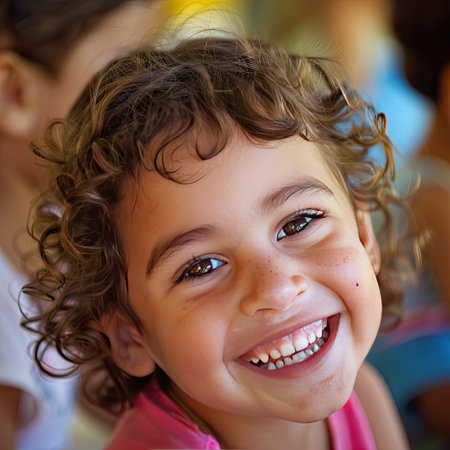 Close-up of a child's face, eyes sparkling with laughter in a classroom settingの素材